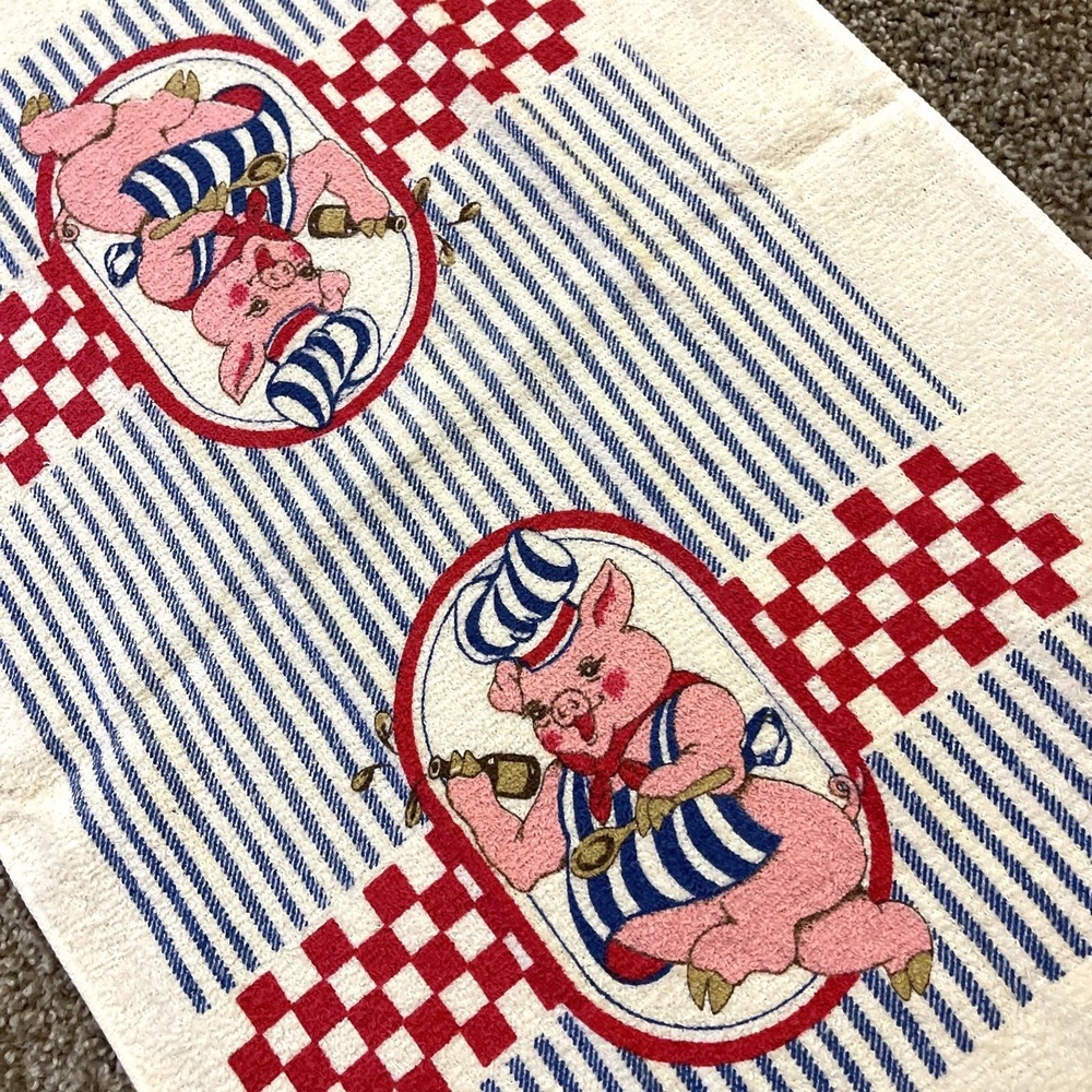 VTG CANNON Hand Kitchen Towel Fringe 70s NOS Farmhouse Pig Chef‎ Plaid Stripe